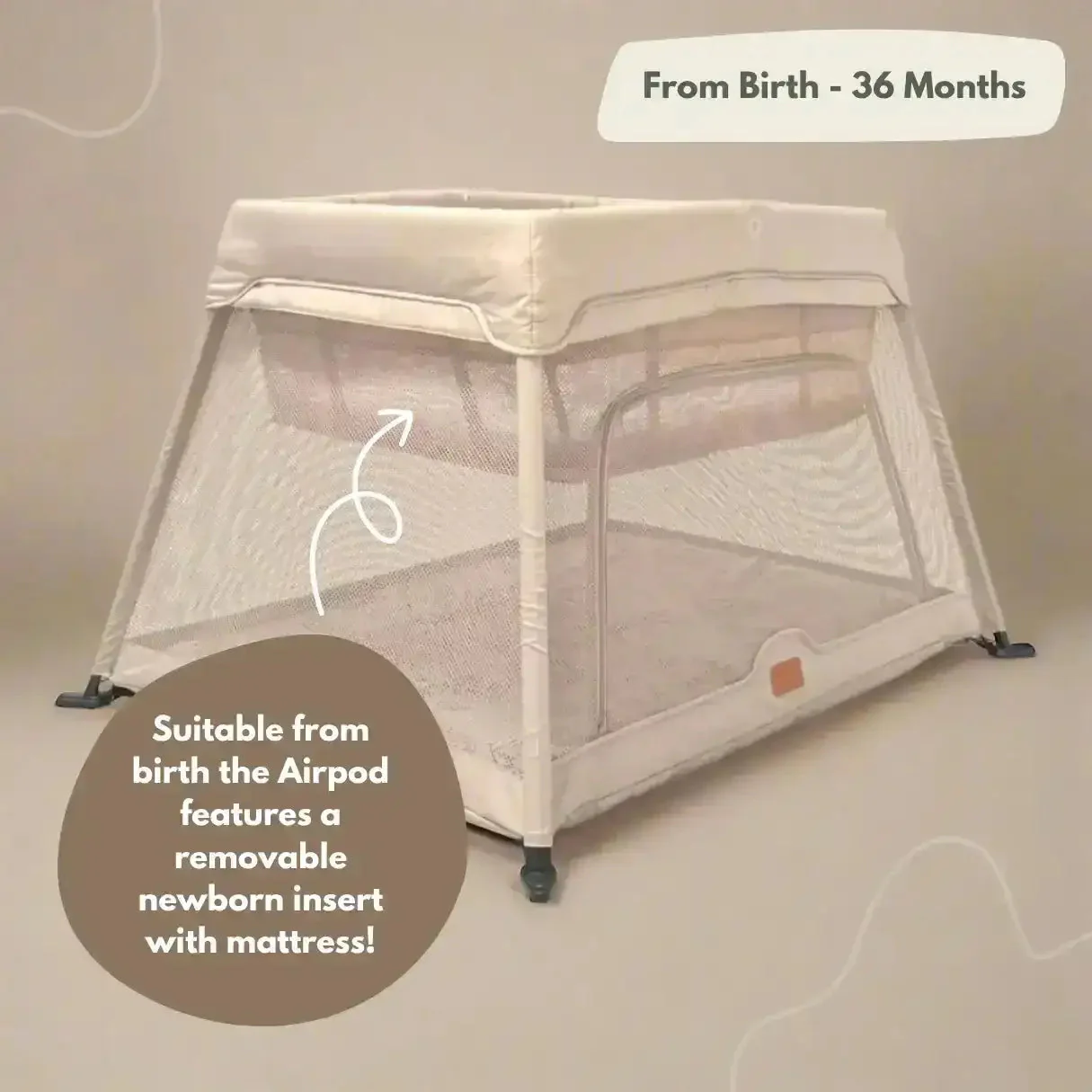 Airpod 3 Travel Cot Includes Newborn Bassinet Insert - Beige - Image 6