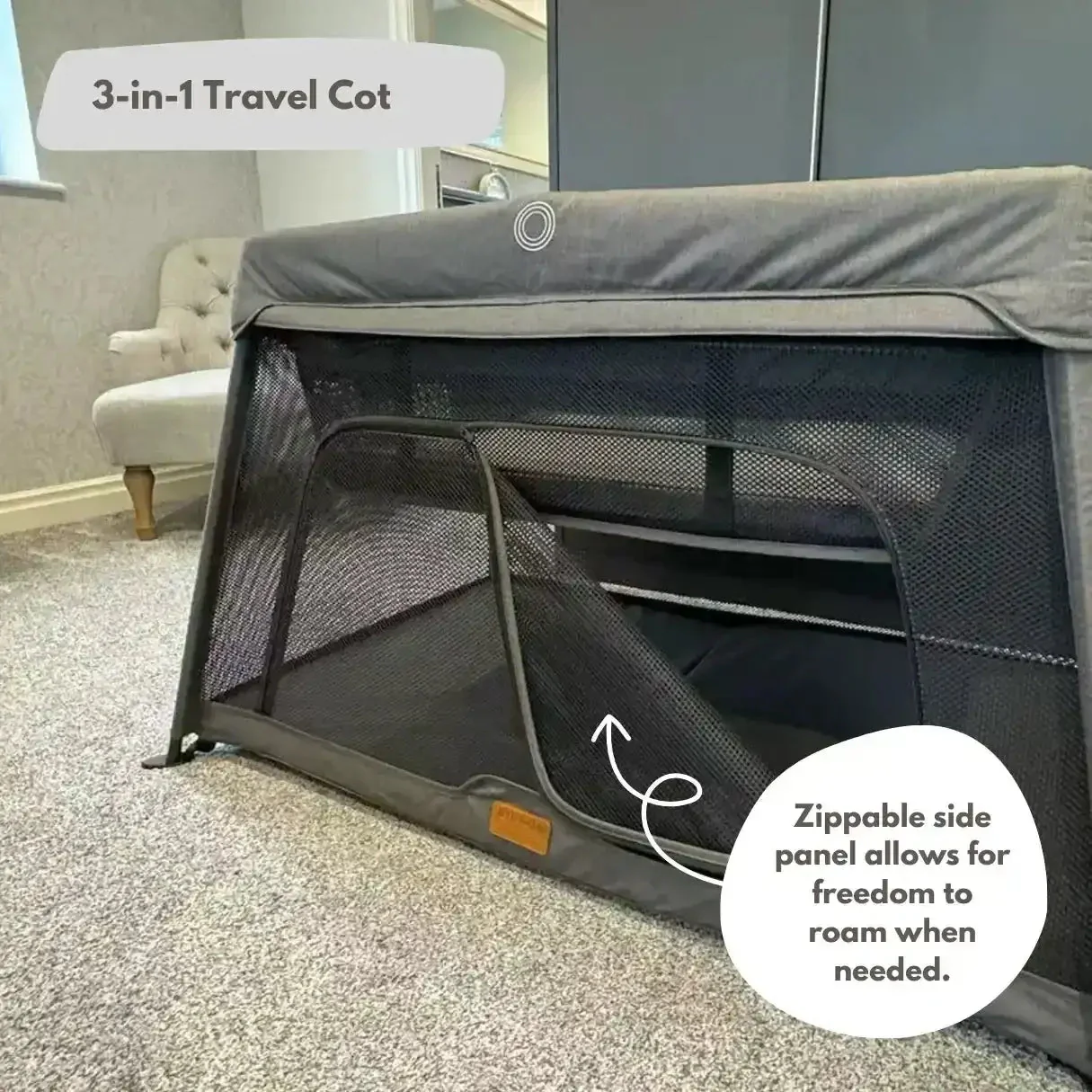 Airpod 3 Travel Cot Includes Newborn Bassinet Insert - Dark Grey - Image 4