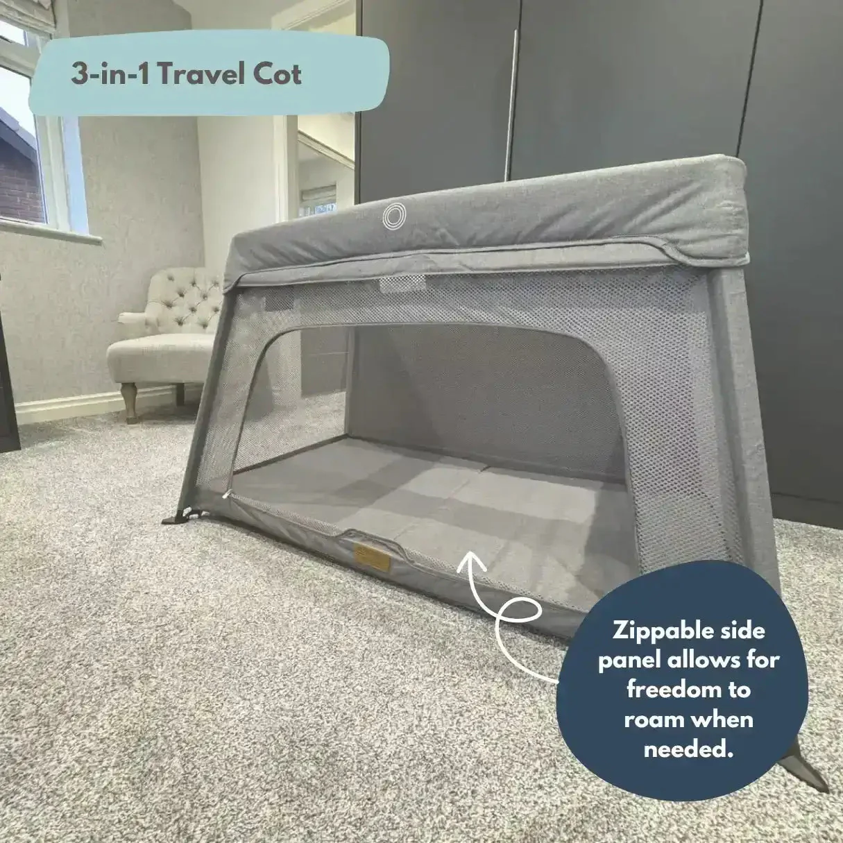 Airpod 3 Travel Cot Includes Newborn Insert - Light Grey - Image 4