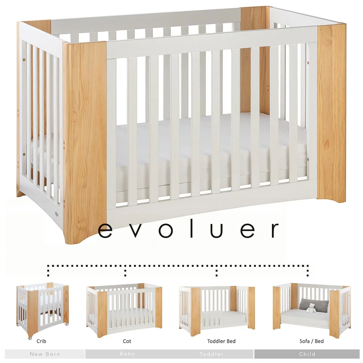 Cocoon Evoluer 4 in 1 Nursery Furniture System - Bassinet, Cot, Toddler Bed & Sofa, White/Natural - Image 9