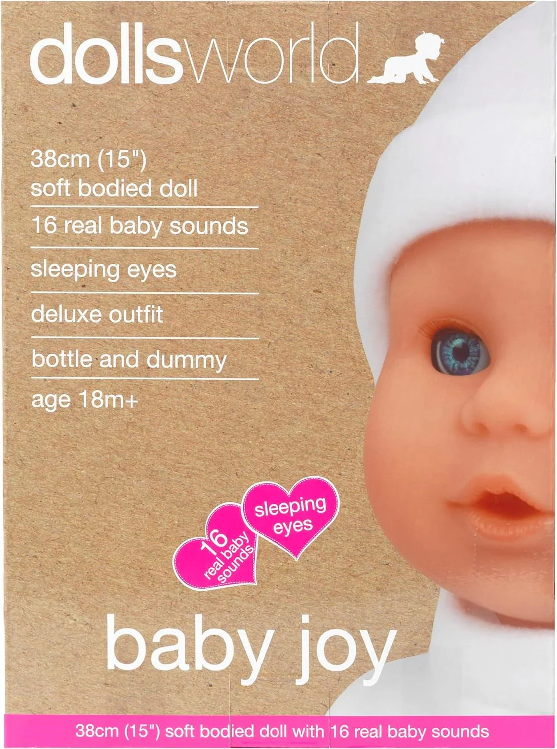 Dolls World Baby Joy, 38cm Soft Bodied Doll with Sleeping Eyes, Outfit, and 16 Interactive Sounds - Image 2