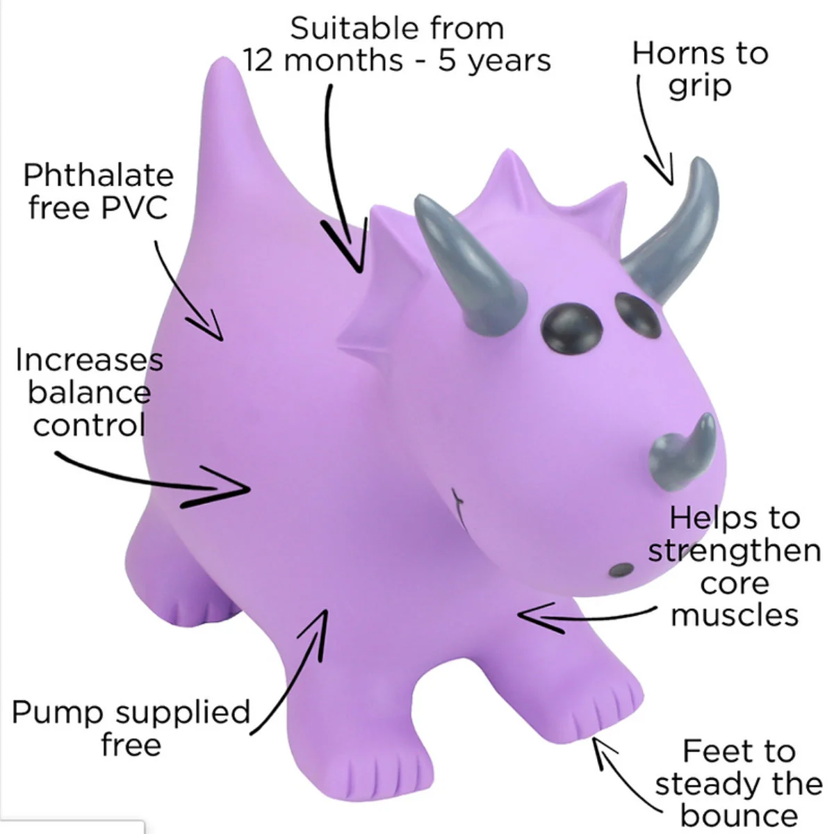 Happy Hopperz Purple Triceratops Inflatable Bouncy Animal Ride-On Toy - Image 3