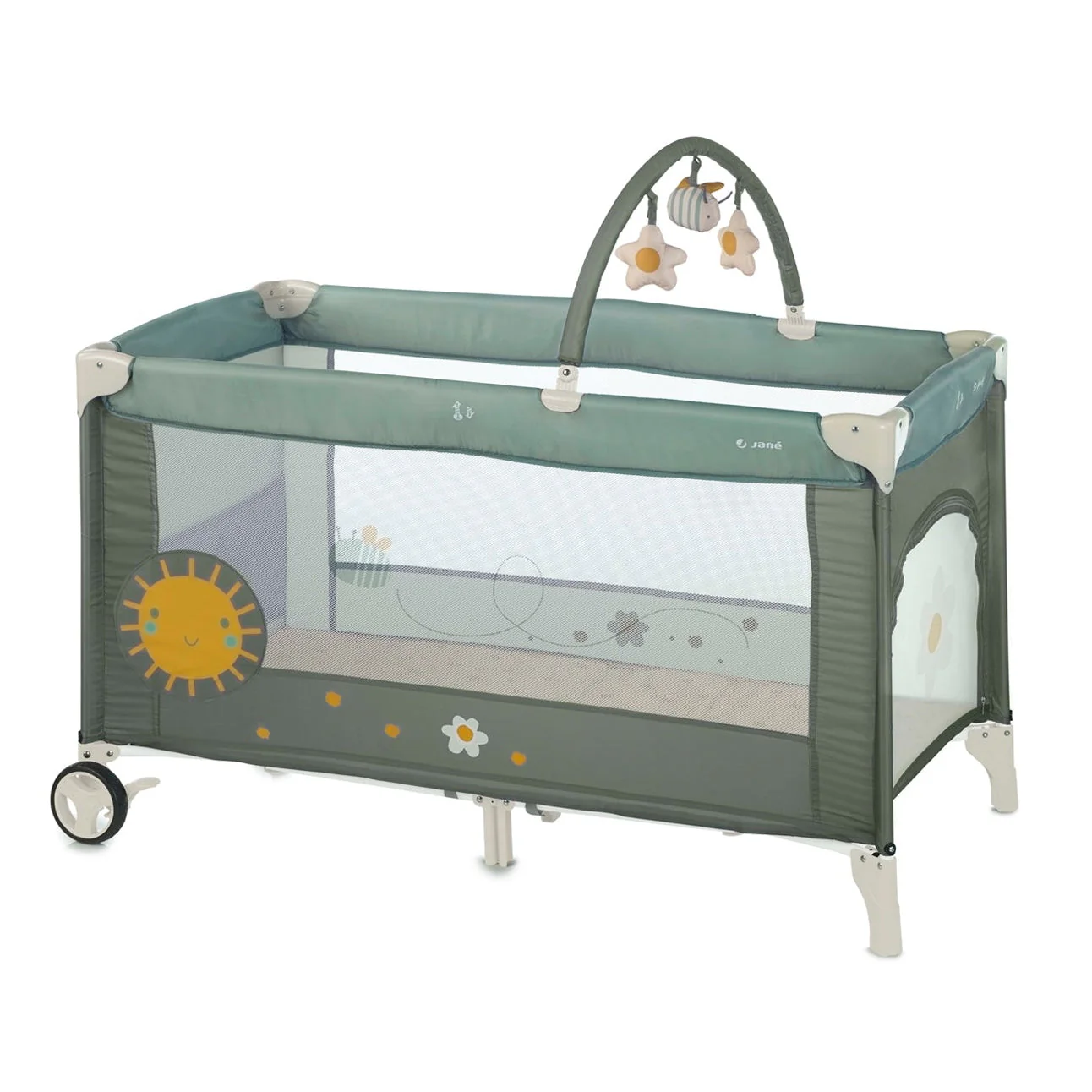 Jané One Level Toys Travel Cot with Activity Arch & Zip Window, Botanic - Image 2