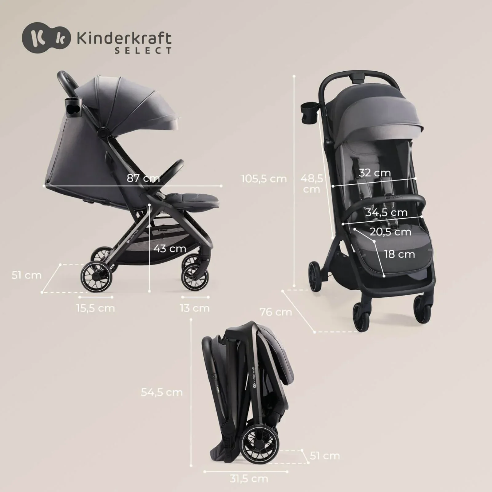 Kinderkraft Nubi 2 Auto-Folding Pushchair - Cloudy Grey - Image 5