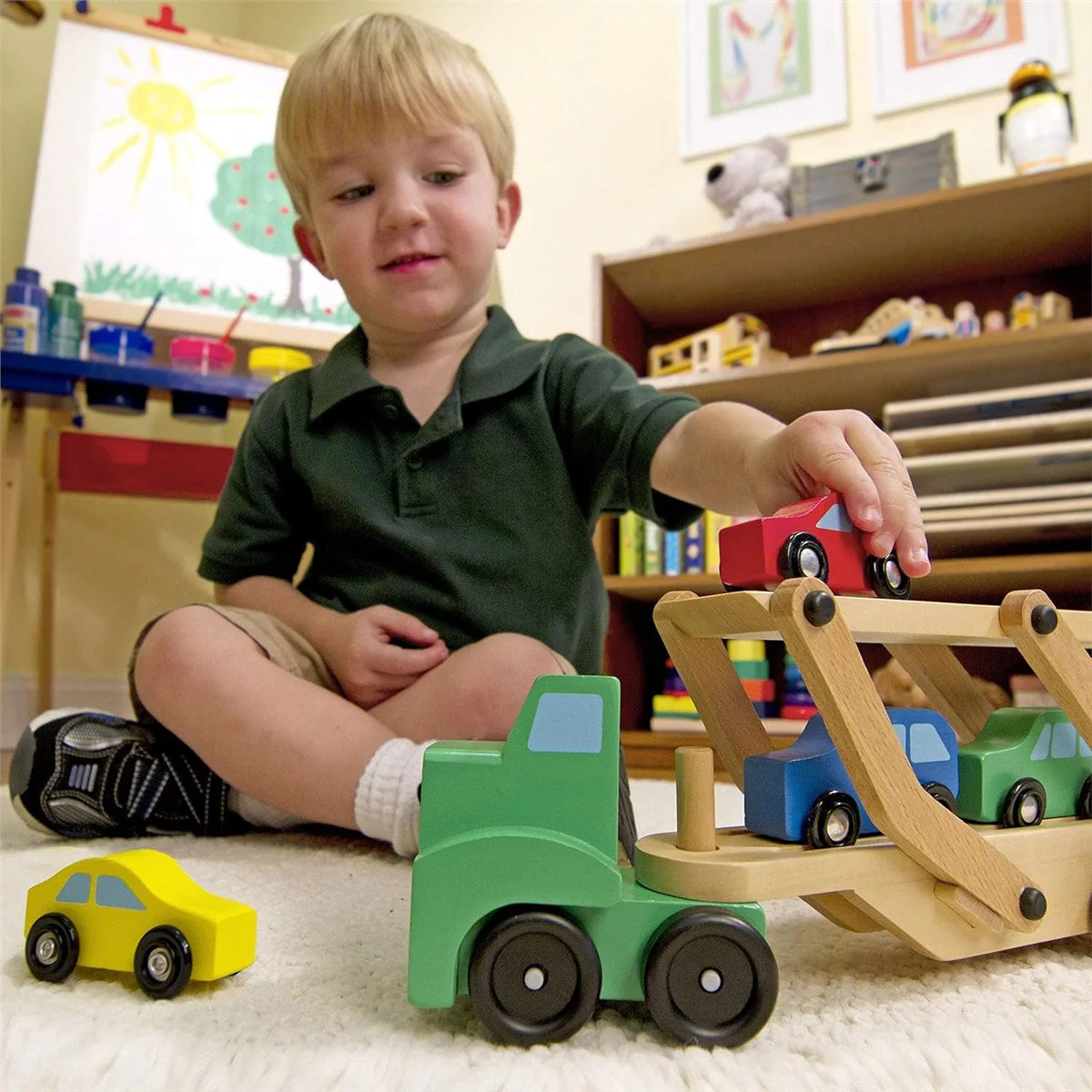Melissa & Doug Wooden Car Transporter Toy Truck & Cars - Image 2