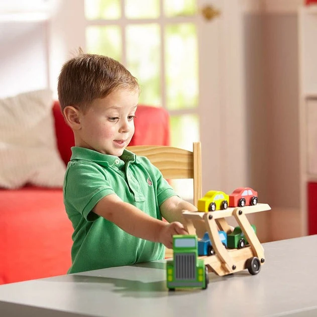 Melissa & Doug Wooden Car Transporter Toy Truck & Cars - Image 3