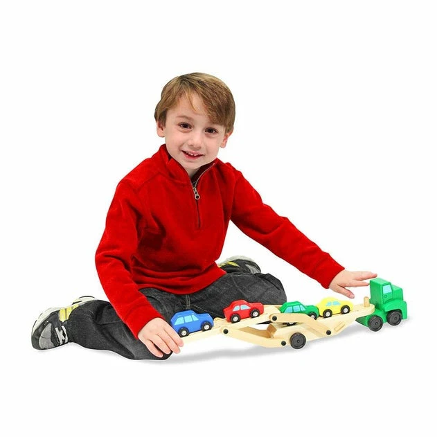 Melissa & Doug Wooden Car Transporter Toy Truck & Cars - Image 4