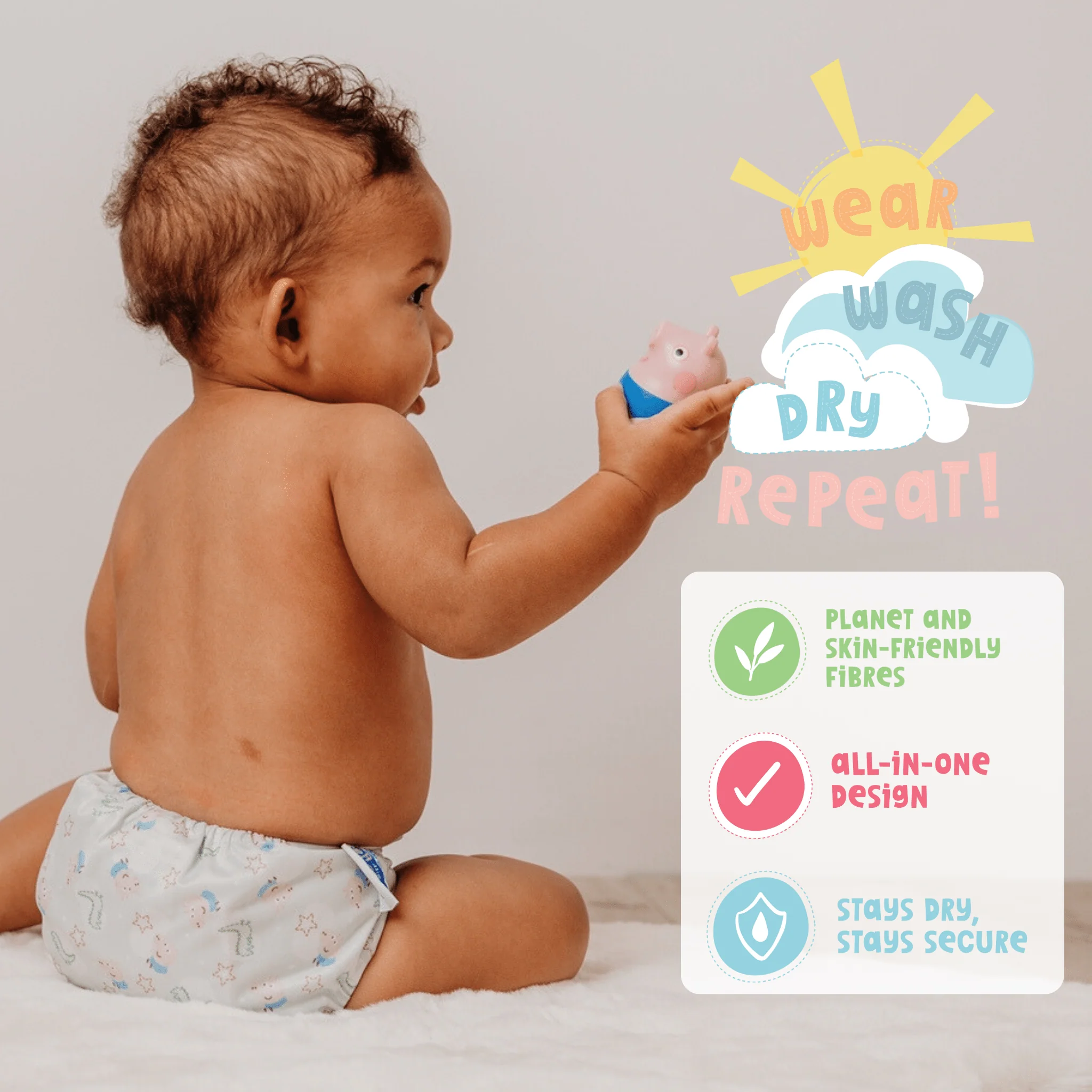 Peppa Pig One Size All-In-One Reusable Cloth Nappy - George & Mr.Dinosaur | White - Image 6