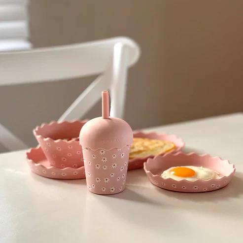 Pink Daisy Wavy Edge Silicone Bowl and Plate Set - Image 3